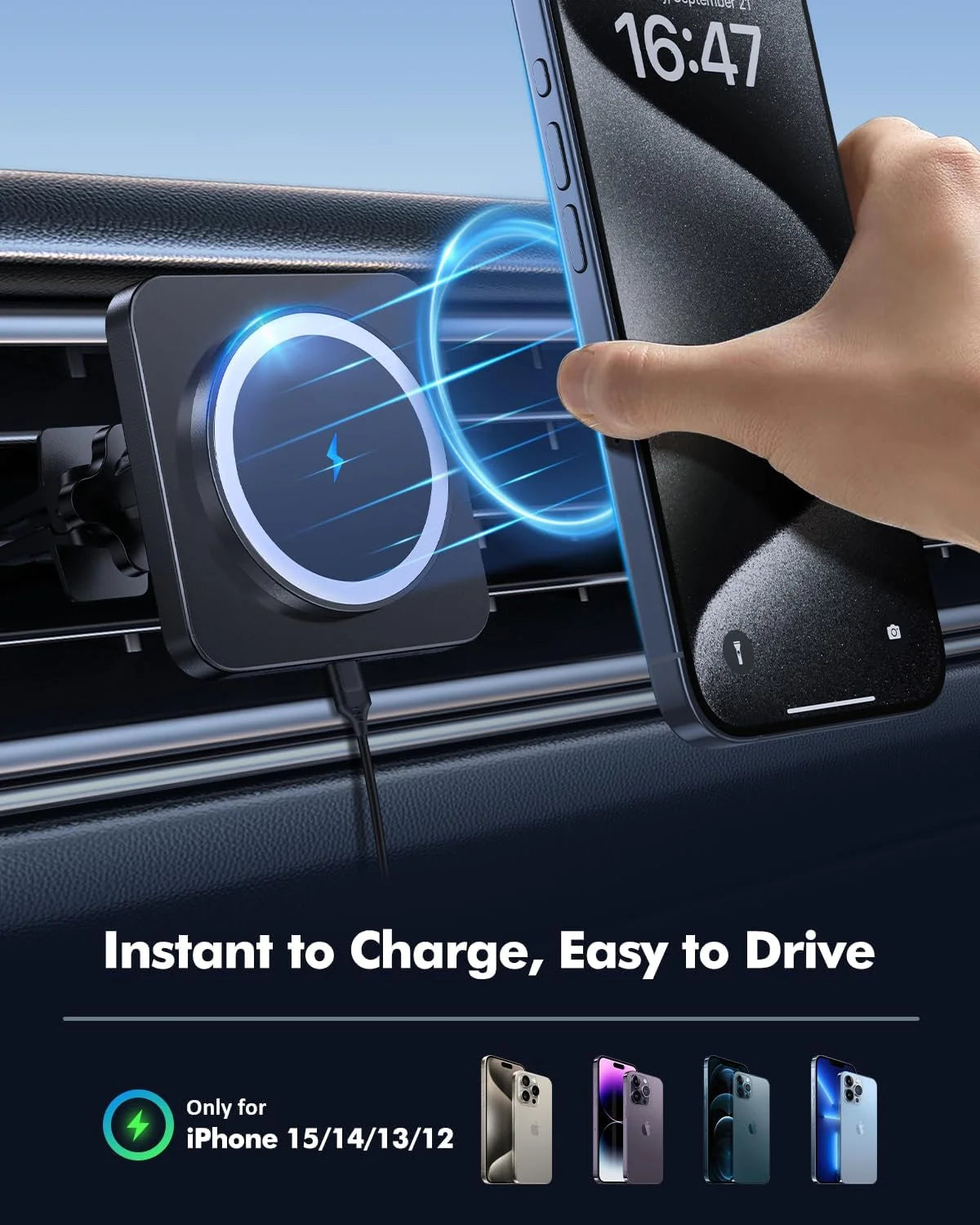 Wireless Car Charger Mount - Car Accessories Charger, Car Phone Holder Mount Compatible for Iphone 16/15/14/13/12 Pro/Pro Max/Mini, Black