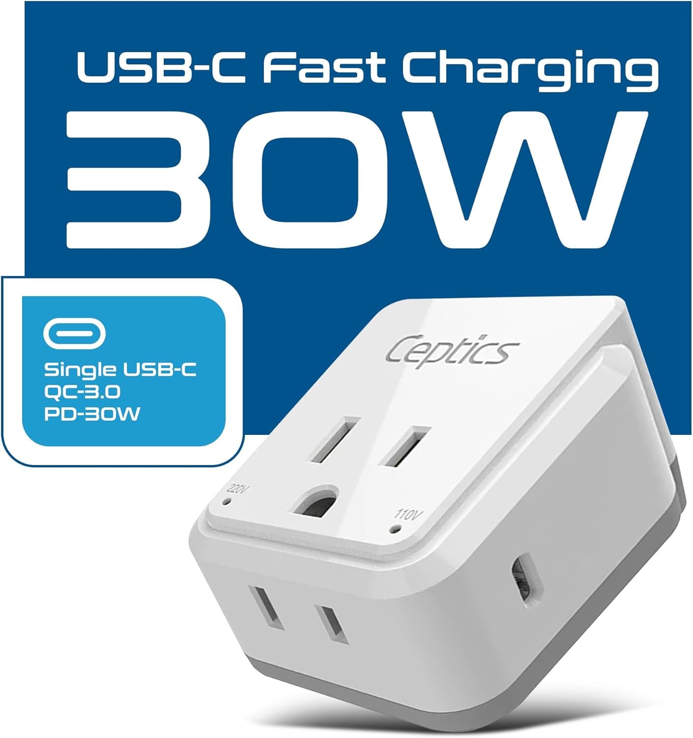 World Travel Plug Adapter Set by , Safe USB-C 30W PD & QC 3.0-2 USA Socket - Compact & Powerful - Use in Europe, Asia, Australia, Japan - Includes Type A, B, C, E/F, G, I Swadapt Attachments