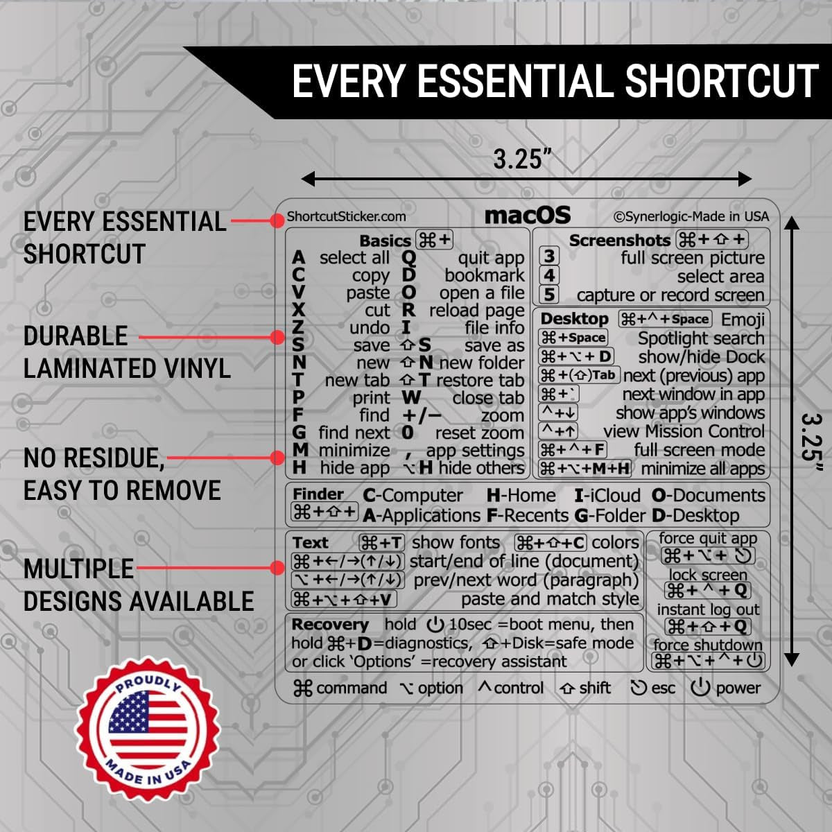 Mac OS (Monterey/Big Sur/Catalina/Mojave) Keyboard Shortcuts, M1+Intel, Clear Vinyl Sticker, Compatible with 13-16-Inch Macbook Air/Pro