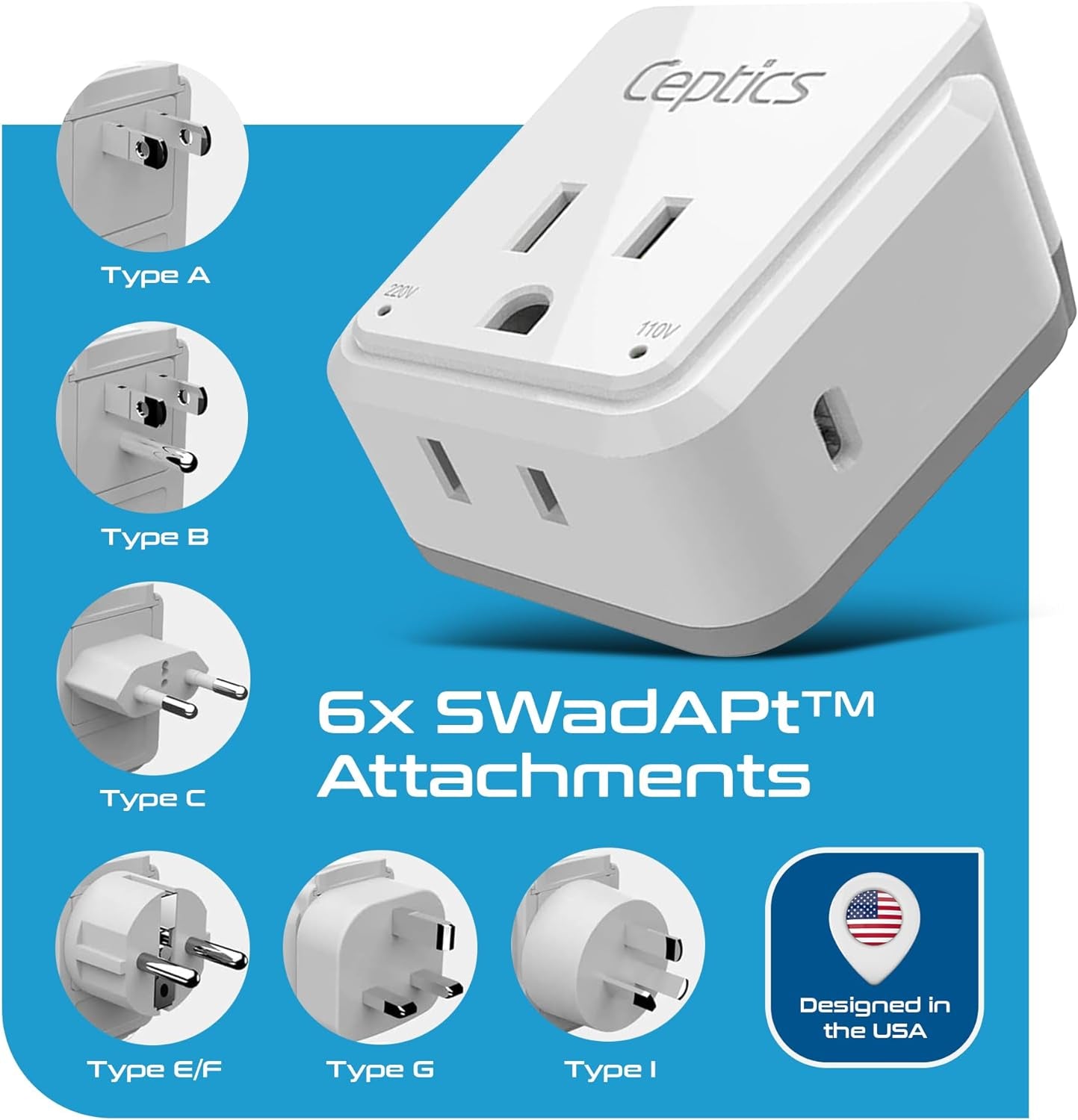World Travel Plug Adapter Set by , Safe USB-C 30W PD & QC 3.0-2 USA Socket - Compact & Powerful - Use in Europe, Asia, Australia, Japan - Includes Type A, B, C, E/F, G, I Swadapt Attachments