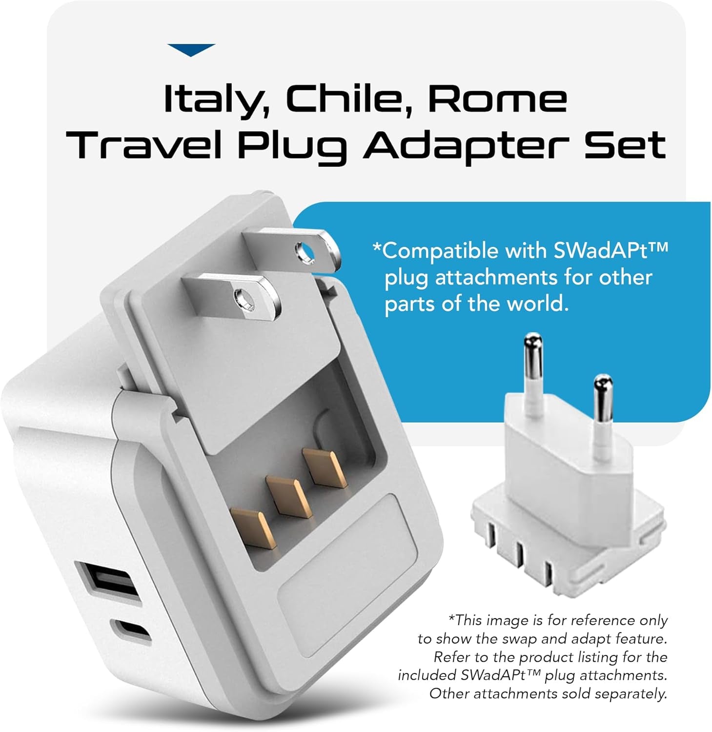 World Travel Plug Adapter Set by , Safe USB-C 30W PD & QC 3.0-2 USA Socket - Compact & Powerful - Use in Europe, Asia, Australia, Japan - Includes Type A, B, C, E/F, G, I Swadapt Attachments