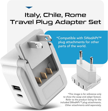World Travel Plug Adapter Set by , Safe USB-C 30W PD & QC 3.0-2 USA Socket - Compact & Powerful - Use in Europe, Asia, Australia, Japan - Includes Type A, B, C, E/F, G, I Swadapt Attachments