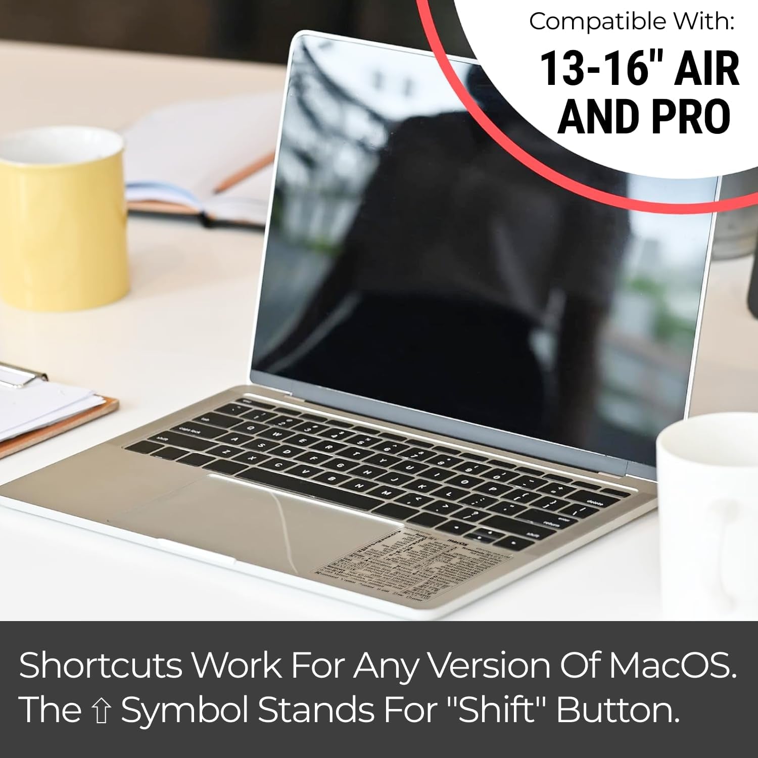 Mac OS (Monterey/Big Sur/Catalina/Mojave) Keyboard Shortcuts, M1+Intel, Clear Vinyl Sticker, Compatible with 13-16-Inch Macbook Air/Pro