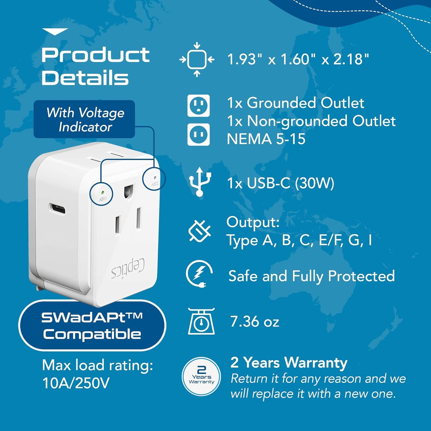 World Travel Plug Adapter Set by , Safe USB-C 30W PD & QC 3.0-2 USA Socket - Compact & Powerful - Use in Europe, Asia, Australia, Japan - Includes Type A, B, C, E/F, G, I Swadapt Attachments