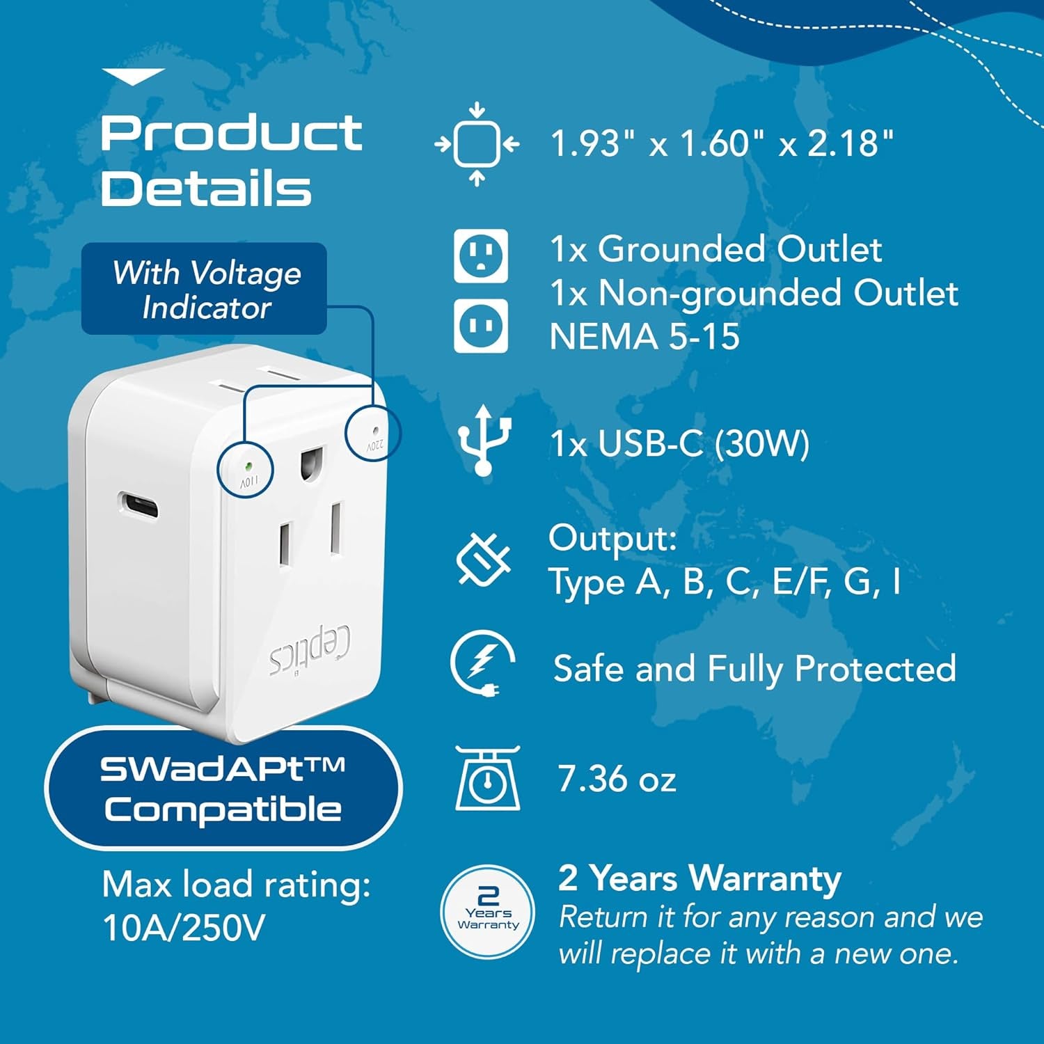 World Travel Plug Adapter Set by , Safe USB-C 30W PD & QC 3.0-2 USA Socket - Compact & Powerful - Use in Europe, Asia, Australia, Japan - Includes Type A, B, C, E/F, G, I Swadapt Attachments